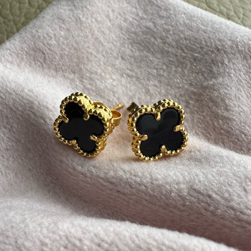 Gold-Tone Black Clover Stud Earrings -